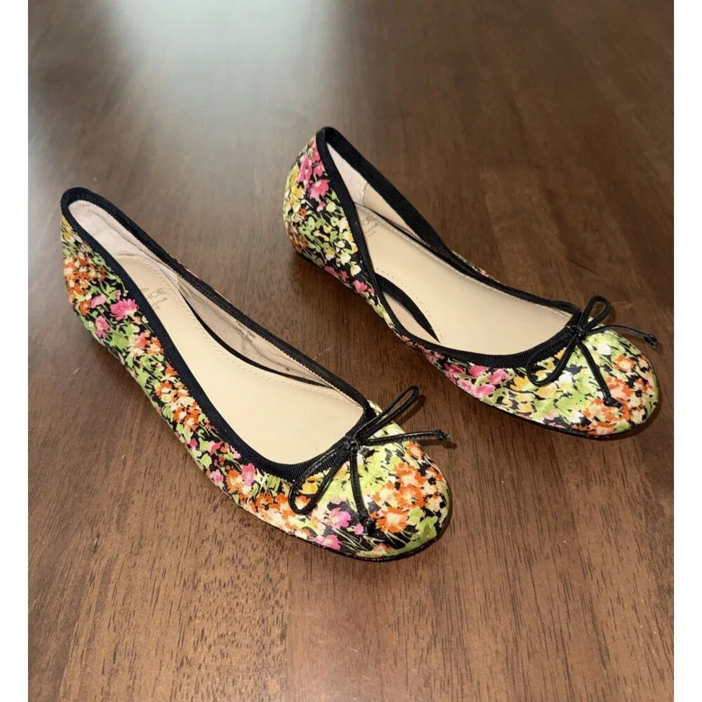 10022-SHOE Saks Fifth Ave Floral Ballet Flats Bow Leather Sole Womens 7M EU37.5